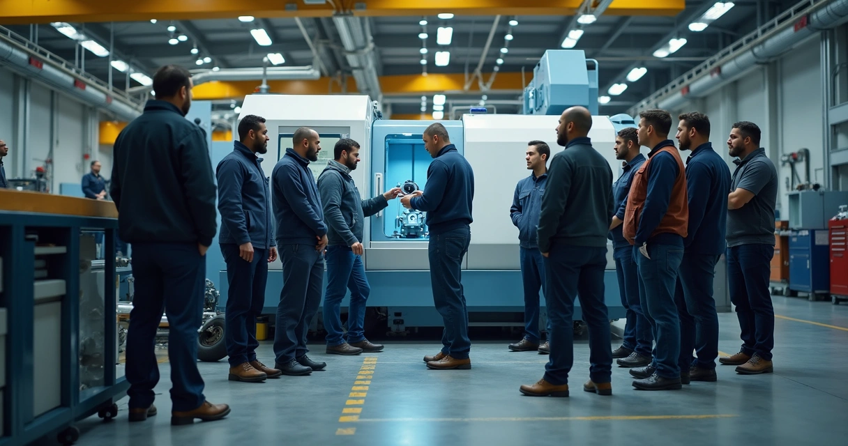 Equipe industrial em treinamento prático ao redor de máquina 