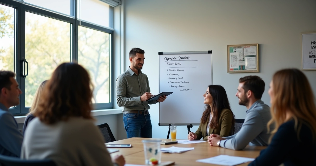 Equipe em treinamento de atendimento ao cliente em sala iluminada. 
