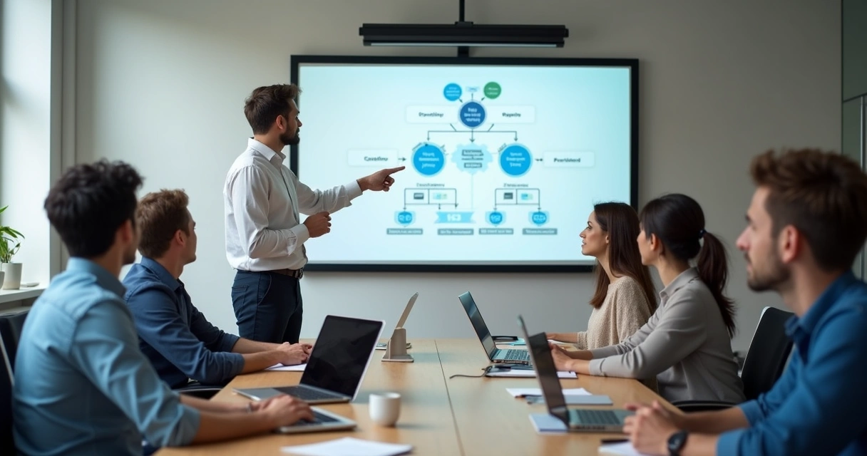 Treinamento de equipe de TI com instrutor e notebooks 