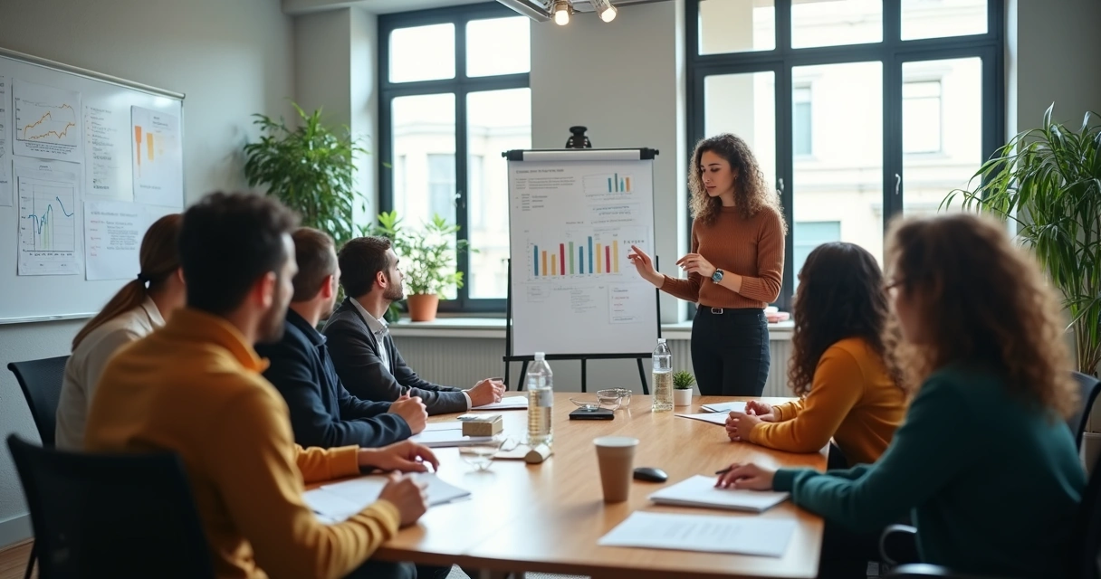 Equipe reunida em treinamento de vendas em sala de reunião com quadro branco