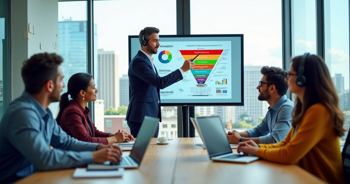 Líder treinando equipe de vendas em agência digital com tela exibindo funil e métricas 