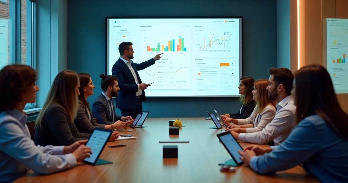 Treinamento de equipe de vendas com tablets e gráficos digitais 