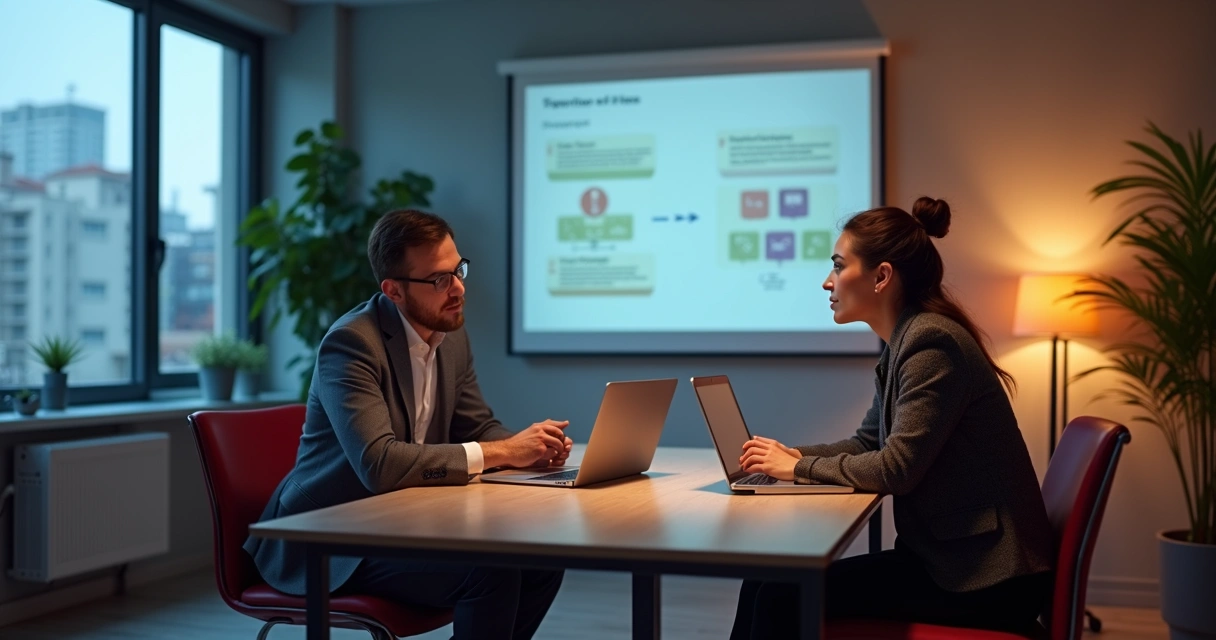 Equipe pequena reunida ao redor de laptop em treinamento de vendas 