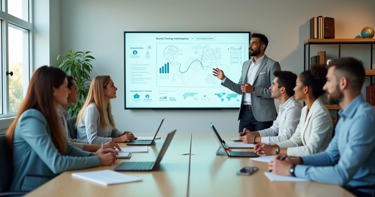 Treinamento de equipe de vendas de turismo em sala com painel de métricas 