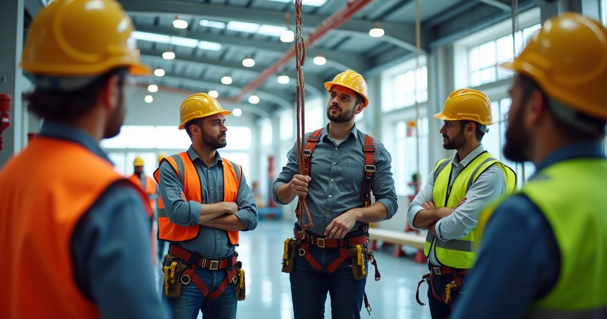 Instrutor treinando grupo em simulação de trabalho em altura 