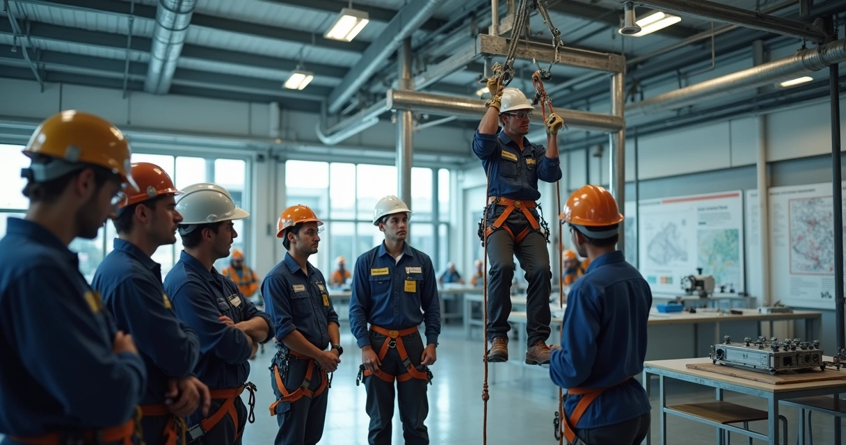 Instrutor mostrando como usar cinto de segurança em curso de trabalho em altura
