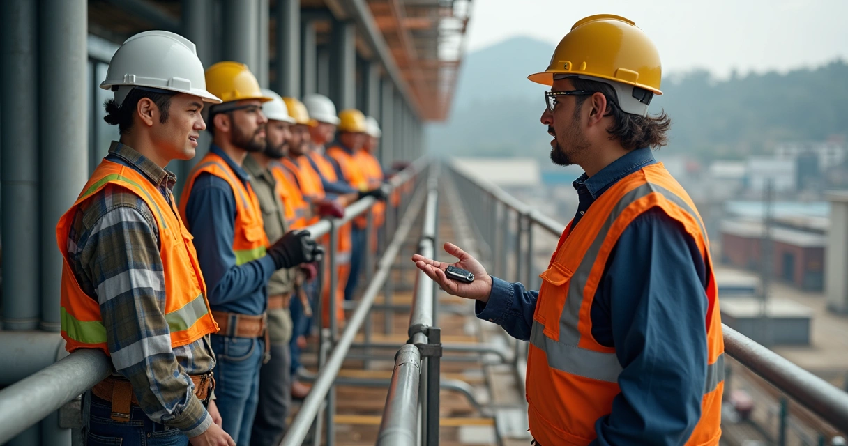 Instrutor demonstrando procedimentos de segurança para trabalhadores em altura 