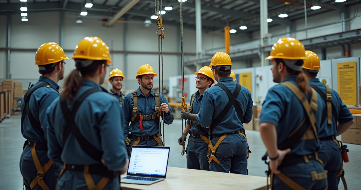 Colaboradores participando de treinamento prático de trabalho em altura em galpão industrial.