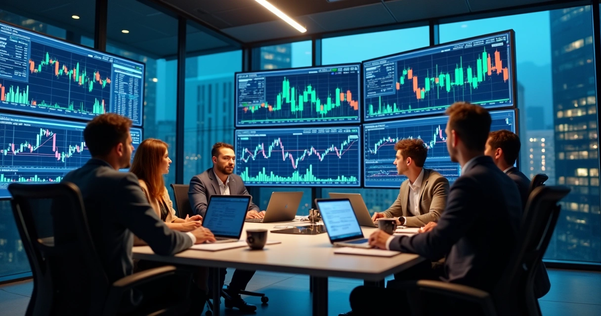 Traders em treinamento em mesa proprietária com monitoração digital 