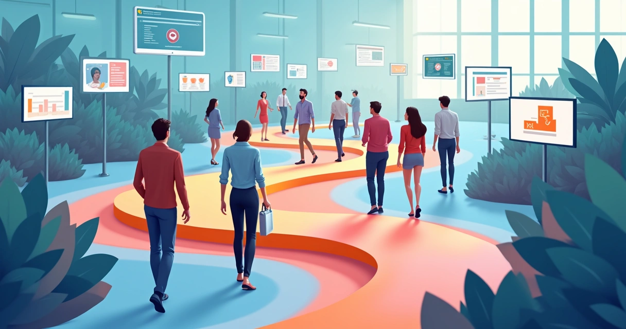 Ilustração de uma trilha de aprendizagem digital com usuários interagindo em dispositivos 