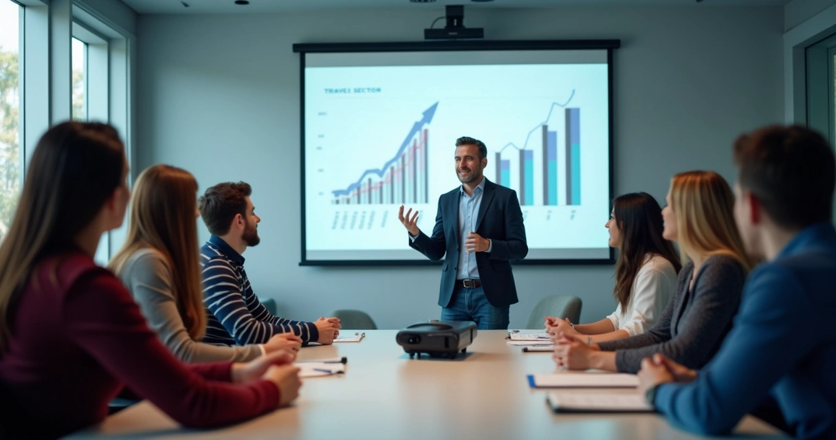 Treinamento de equipe de agência com apresentação sobre tendências do setor de turismo. 