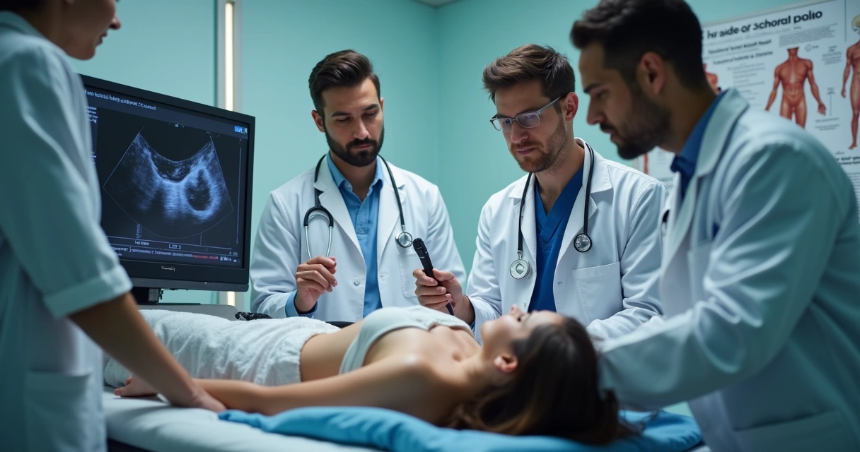 Médicos praticando exame de ultrassom abdominal em sala de treinamento