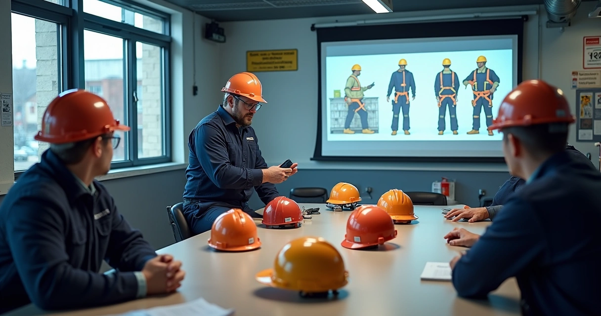 Instrutor explica uso correto de EPIs para grupo de trabalhadores em treinamento