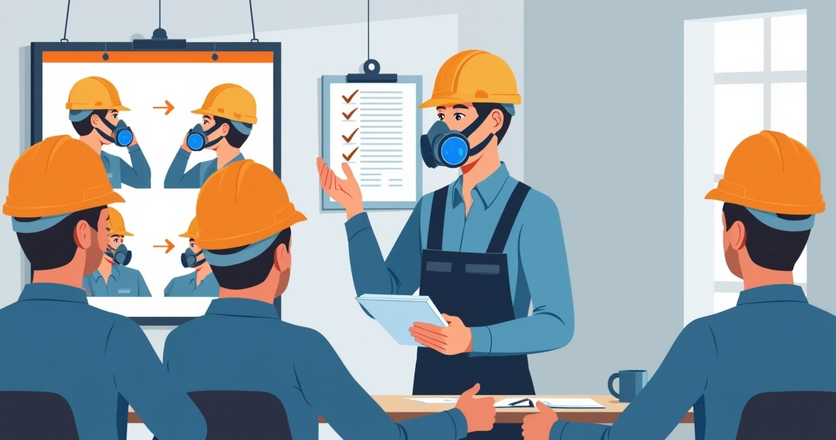 Instrutor demonstra ajuste de respirador para trabalhadores 