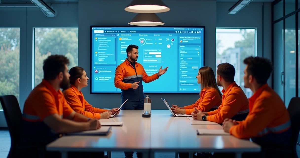 Funcionários industriais sendo treinados em sala para uso de ERP
