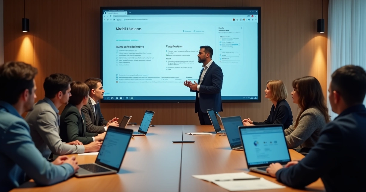 Treinamento de funcionários em sala de reunião com notebooks e apresentação sobre Office 365 