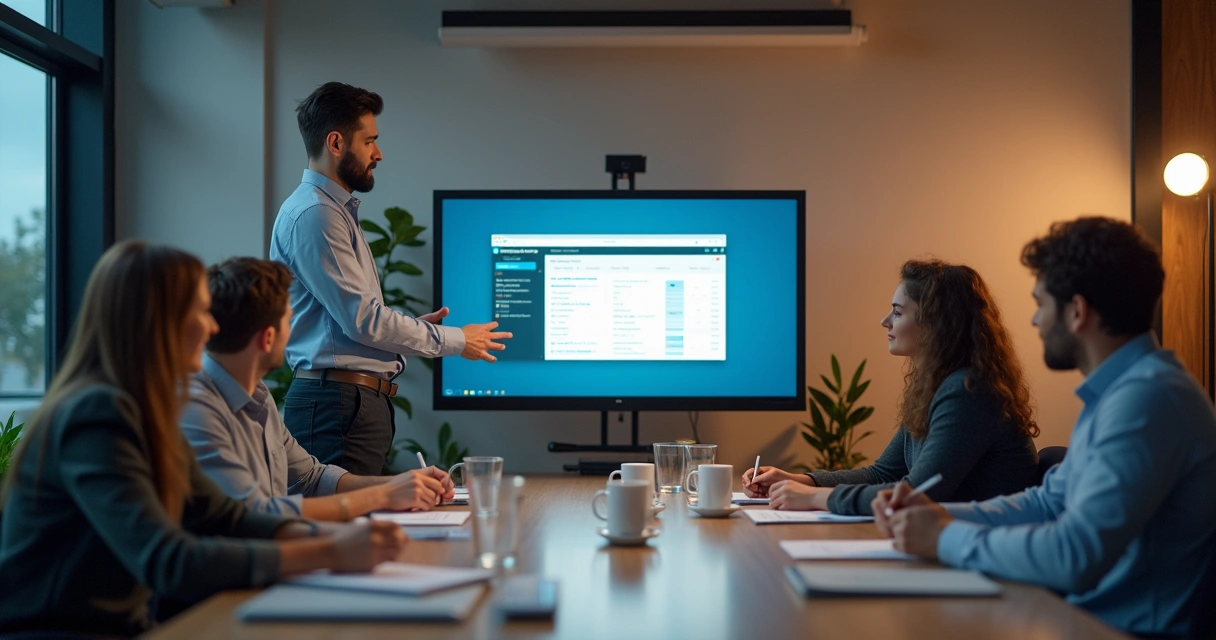 Treinamento de usuários de TI em sala de reunião pequena