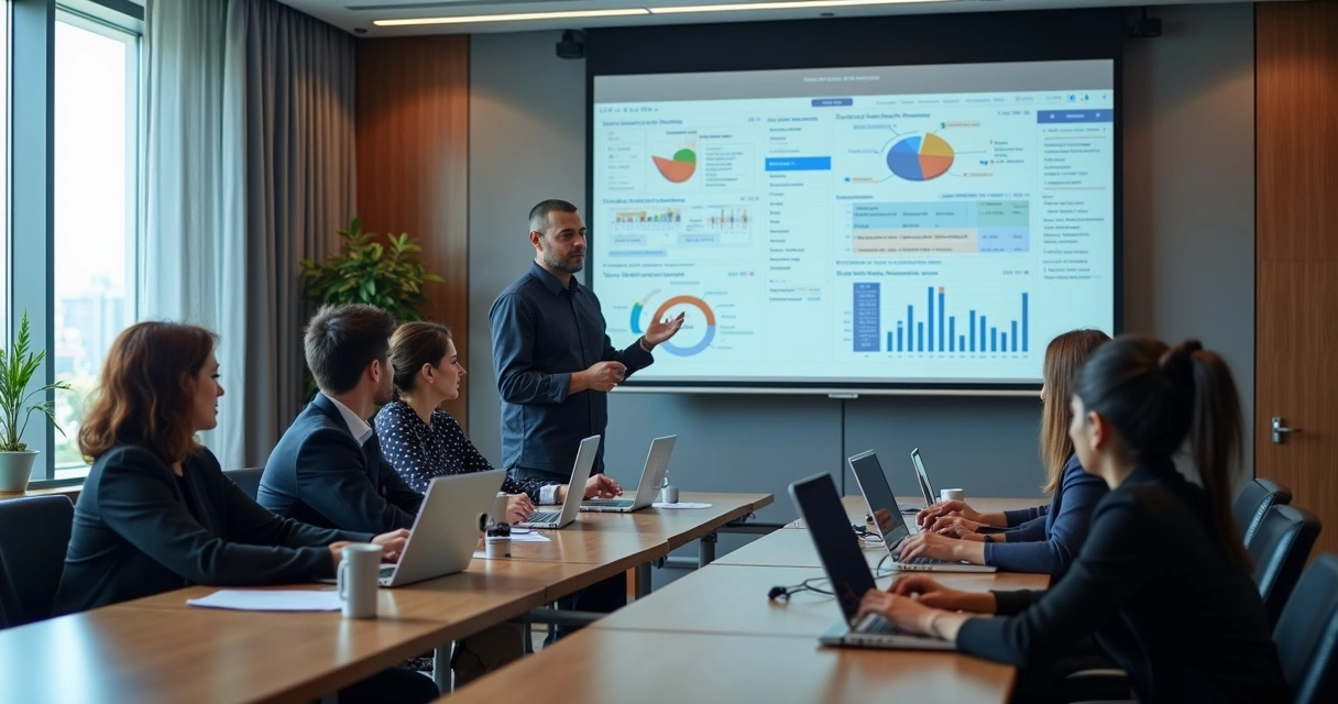 Profissionais em ambiente corporativo moderno participando de treinamento ERP com computadores e projetor 