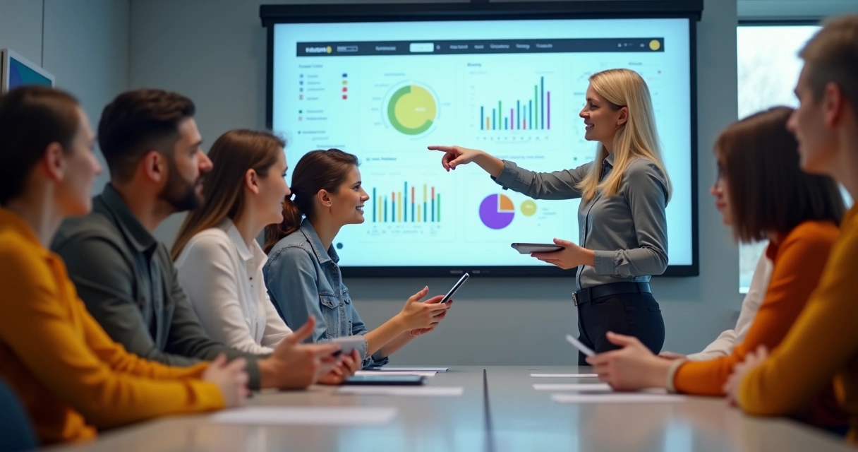 Treinamento de equipes de varejo com tablets em sala iluminada 