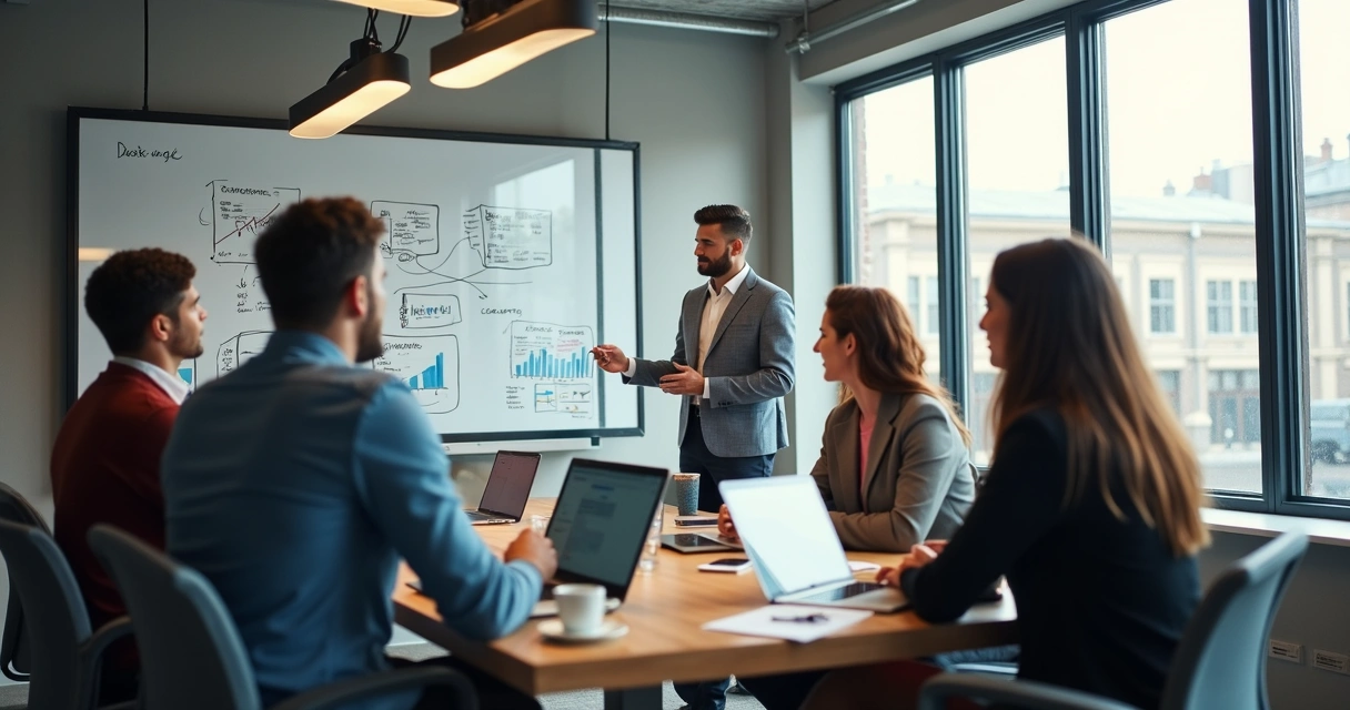 Equipe de agência simulando negociação de vendas em sala de reunião