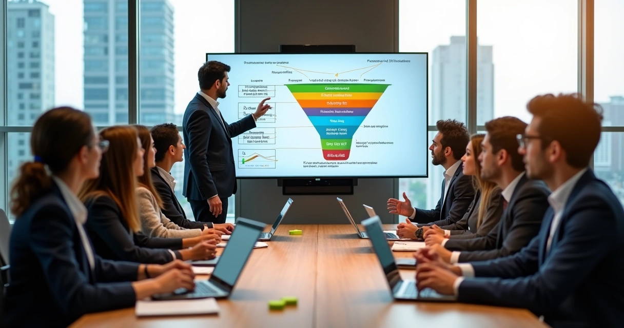Equipe comercial em treinamento de vendas consultivas em São Paulo com apresentador explicando funil de vendas 