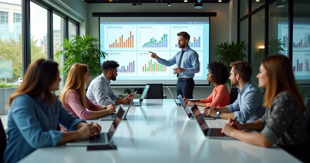 Equipe de vendas em reunião estratégica com gráficos e laptops numa agência digital moderna 