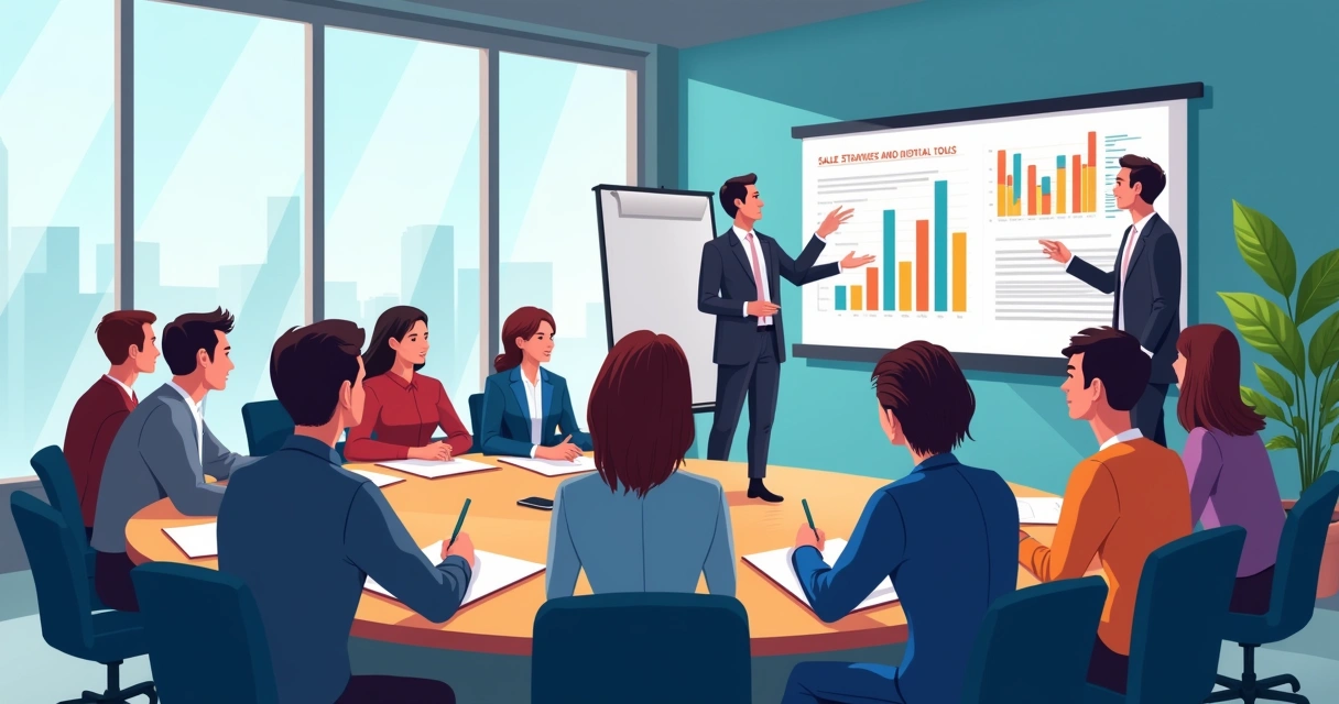 Grupo participando de treinamento de vendas, fazendo anotações 