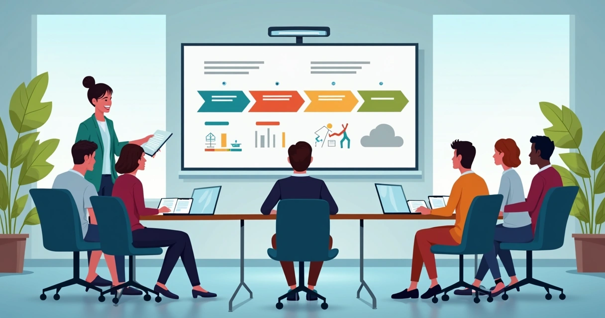 Equipe reunida em sala de treinamento comercial, simulando vendas com feedback 