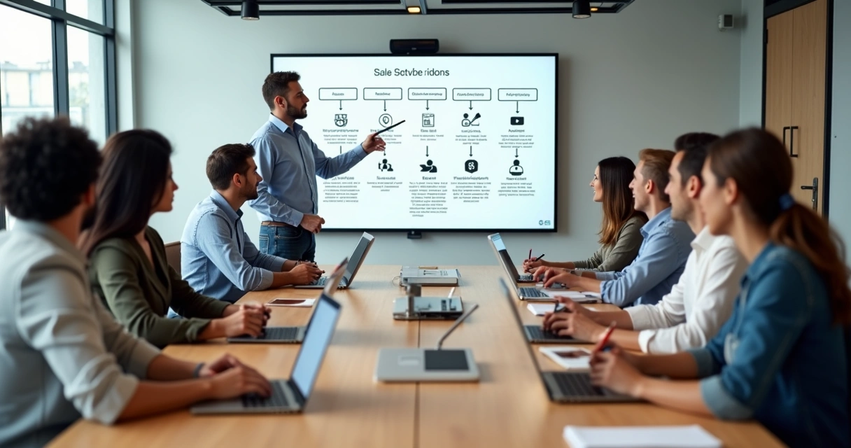Equipe comercial participando de treinamento em sala de reunião moderna
