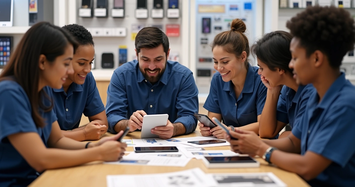 Equipe de vendedores em treinamento na loja de celulares