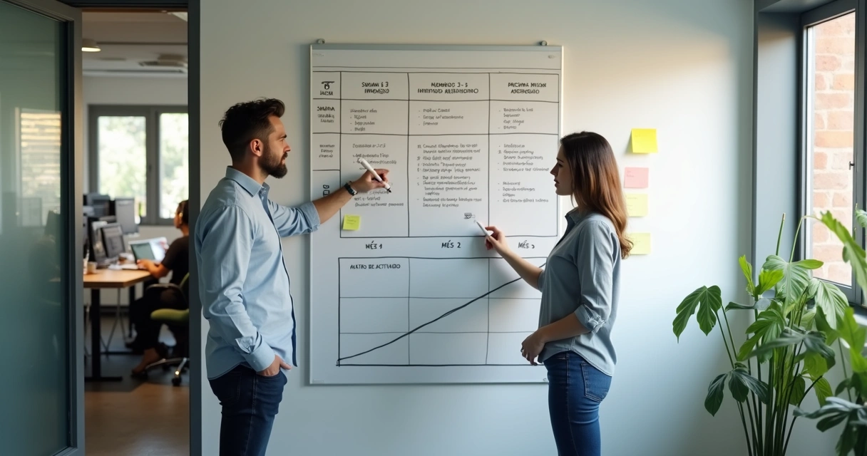 Gestor comercial apresenta cronograma de 60 dias para vendedor novo em quadro na parede 