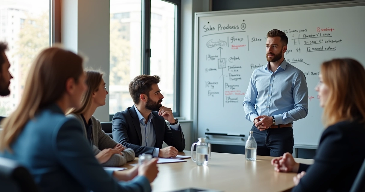 Treinamento de vendedores na sala de reunião. 