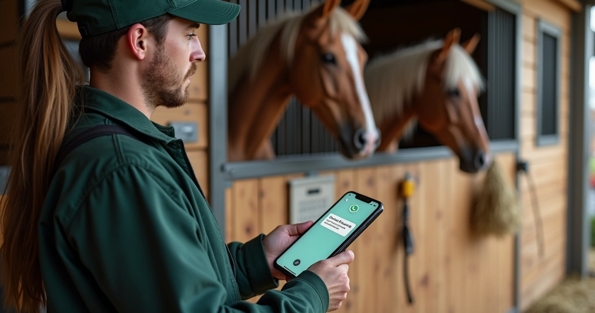 Funcionario de haras recebendo notificação de treinamento no celular
