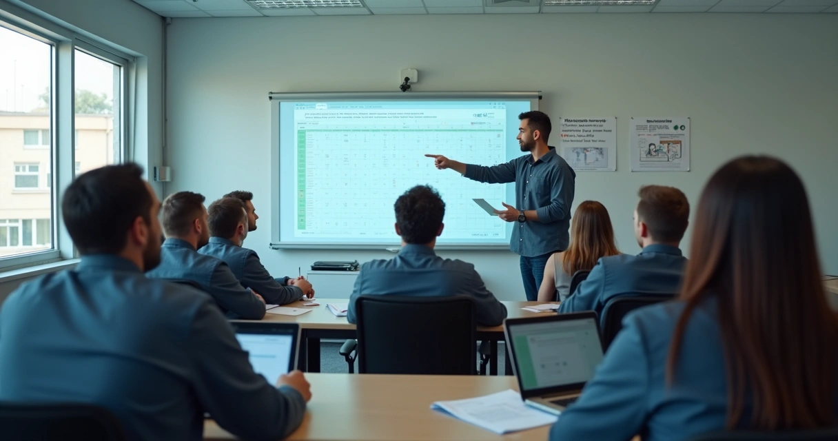 Visitantes em centro de treinamento, instrutor de frente para turma de colaboradores 