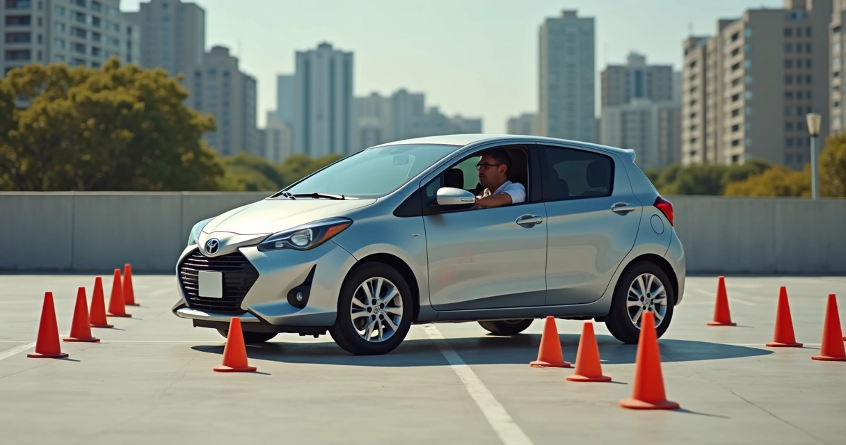 Pessoa praticando baliza em carro próprio em ambiente urbano, cones de sinalização visíveis.