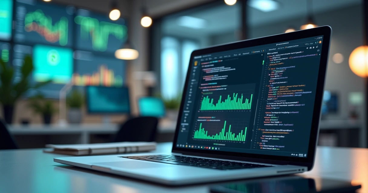 Pessoa usando laptop moderno mostrando código e gráficos de dados numa mesa com smartphone e caderno, ambiente de escritório altamente tecnológico e iluminado, com telas digitais flutuantes exibindo integrações com WhatsApp e CRM 