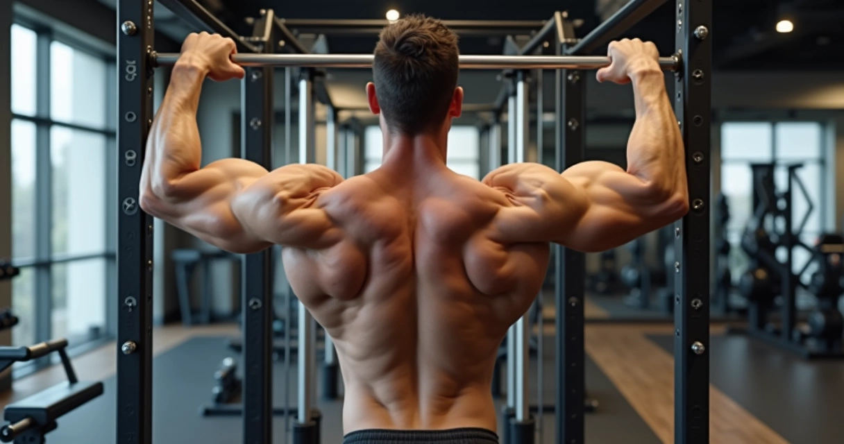 Homem treinando costas com pesos na academia 