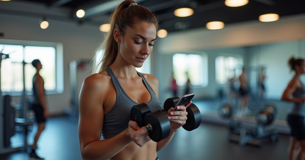 Mulher acompanhando treino de musculação no celular enquanto treina na academia 
