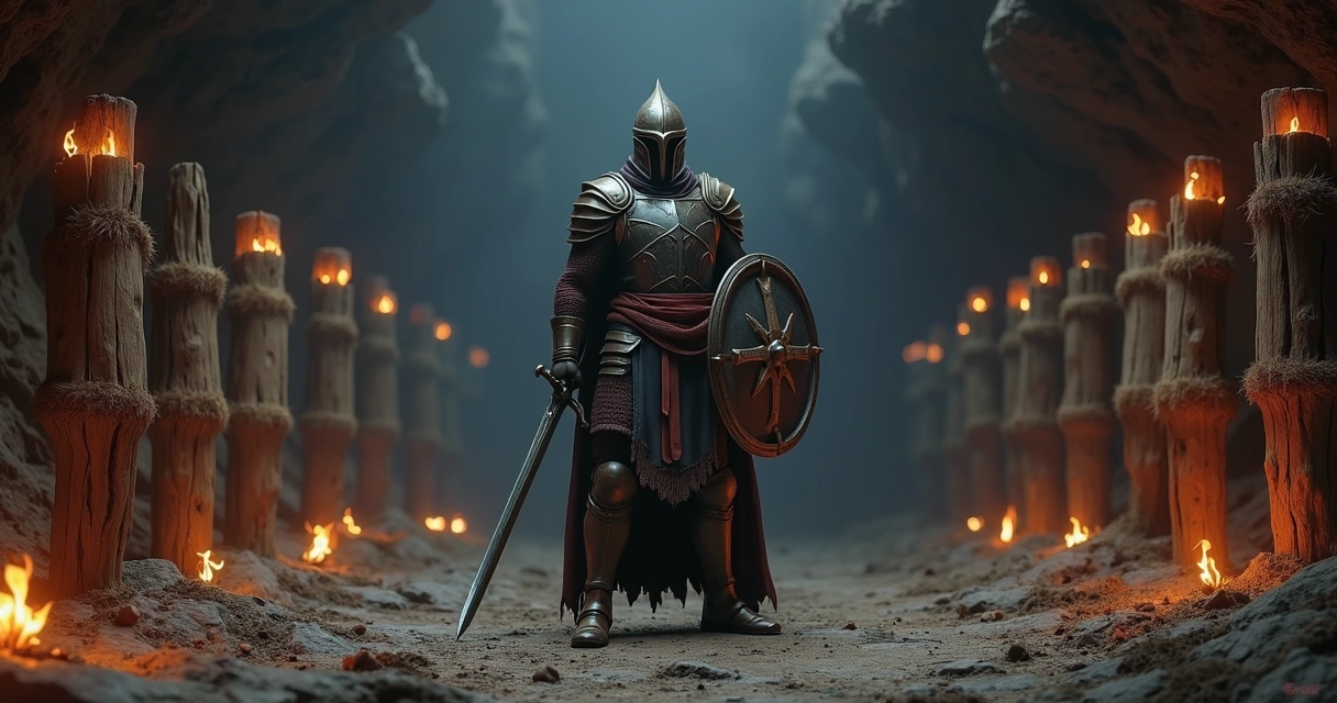 Jogador de Tibia treinando skills com armas e escudo em uma cave escura 