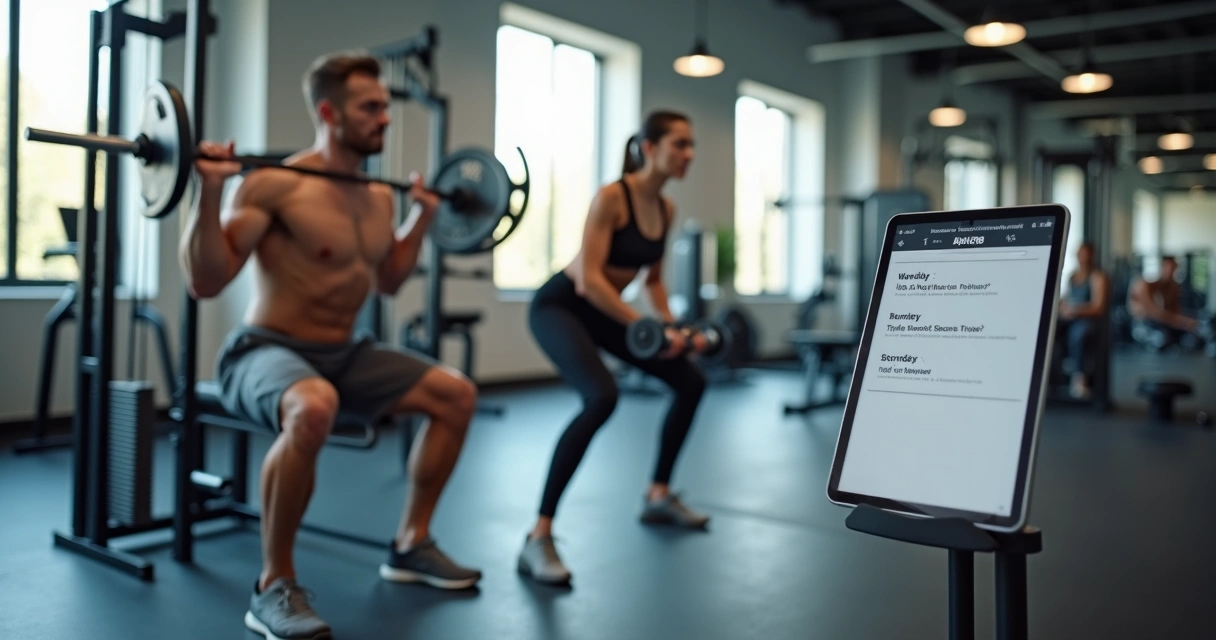 Homem e mulher treinando musculação em academia moderna em três dias por semana 