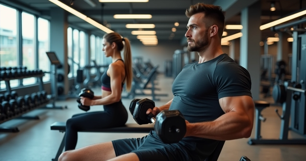 Homem e mulher treinando musculação em academia seguindo rotina 5 day split 