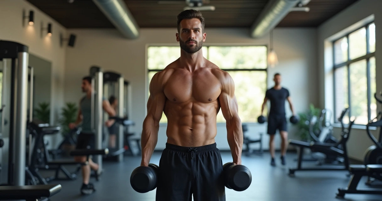 Homem treinando com halteres na academia 