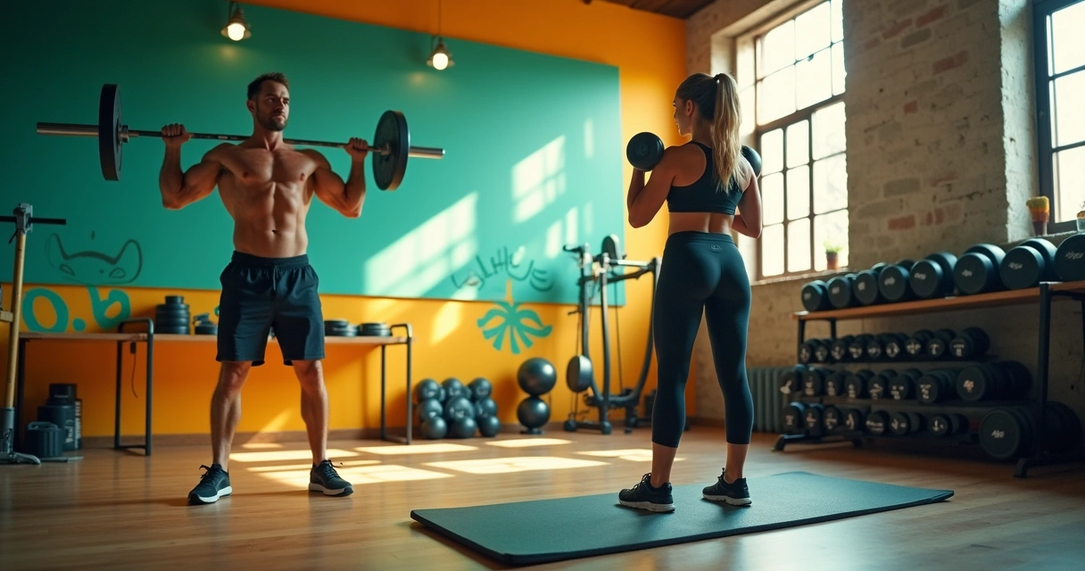 Homem e mulher treinando em uma academia iluminada, rodeados por suplementos e gráficos de desempenho.