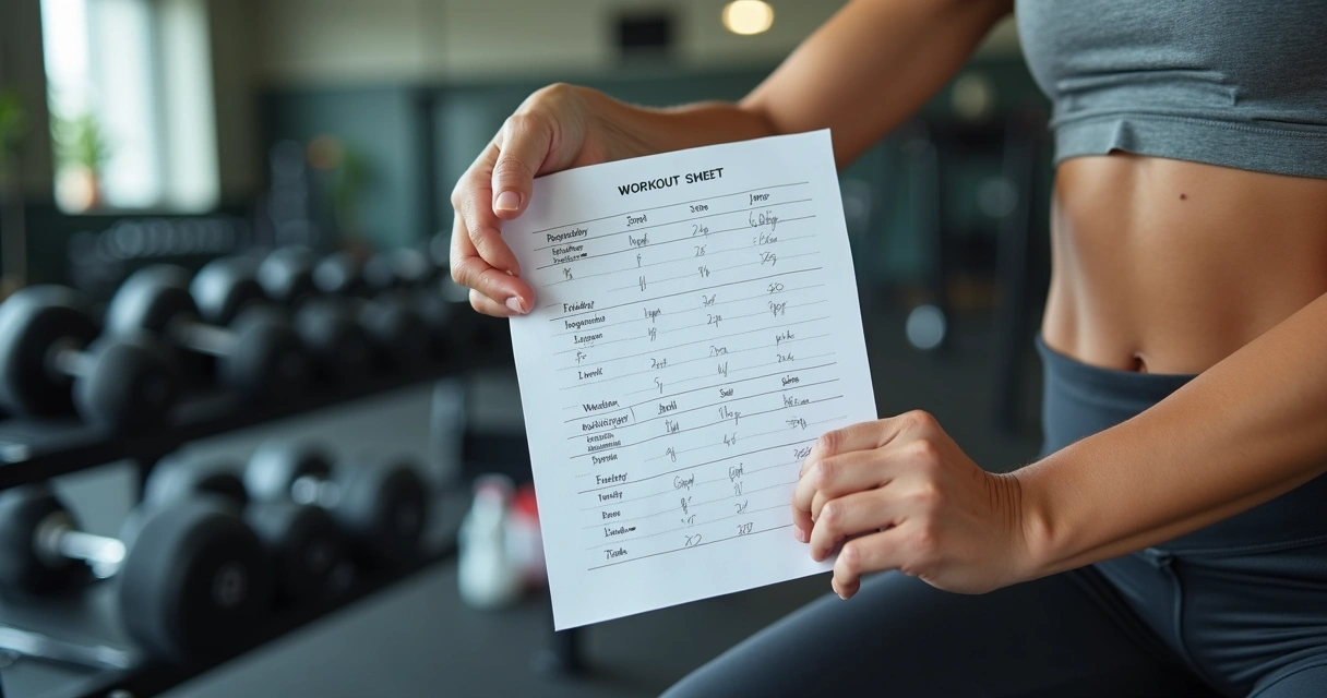 Treino de academia organizado com ficha mostrando frequência e volume de séries