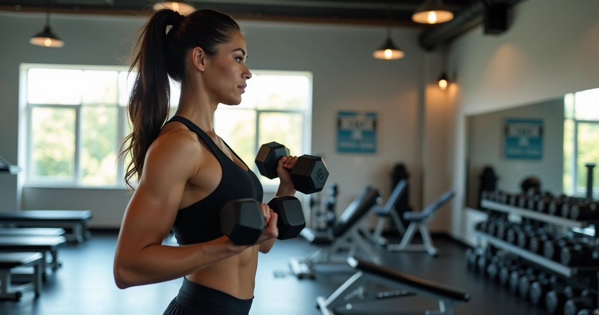 Mulher fazendo exercício de musculação com halteres em uma academia moderna