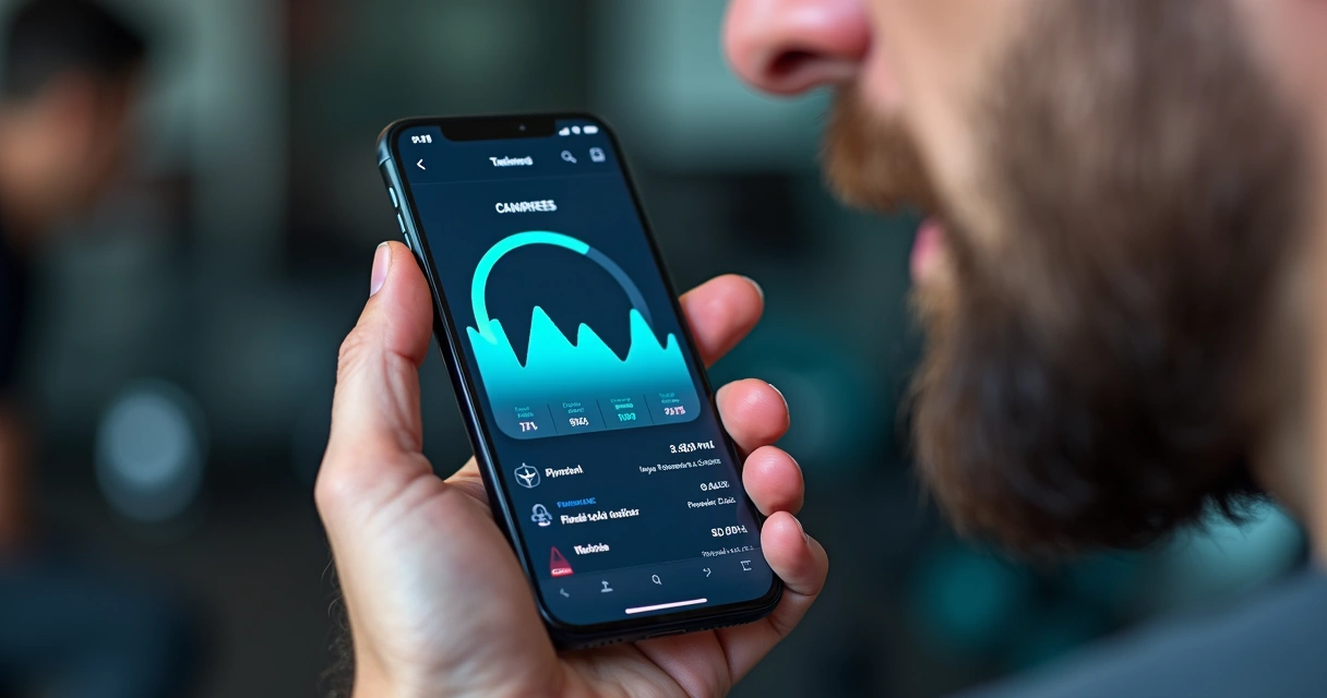 Pessoa usando aplicativo de treino com gráfico de evolução exibido na tela de um smartphone. 