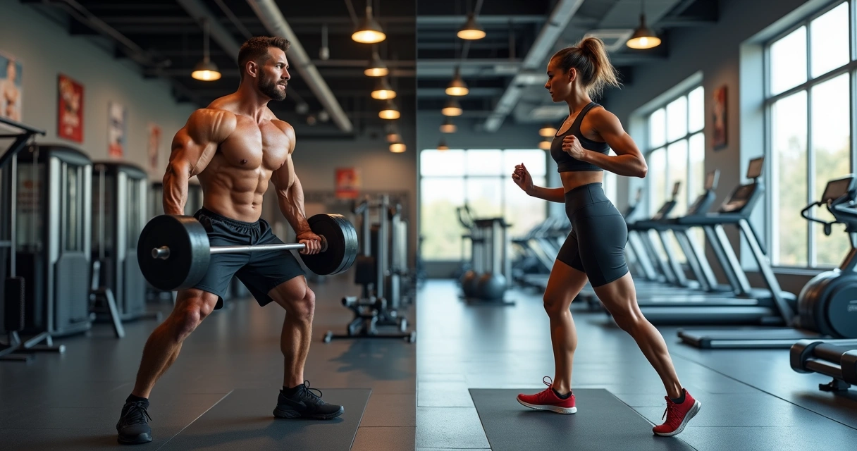 Pessoa treinando musculação e outra correndo na esteira lado a lado em academia moderna