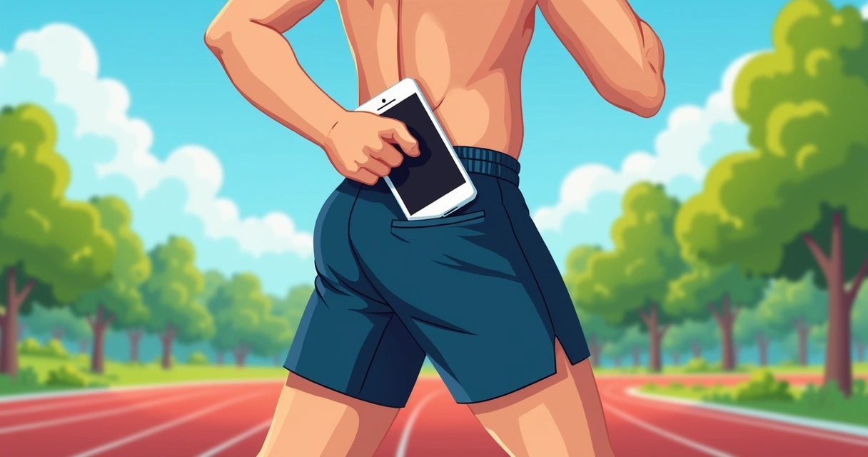 Homem usando bermuda esportiva guarda celular em bolso lateral durante corrida