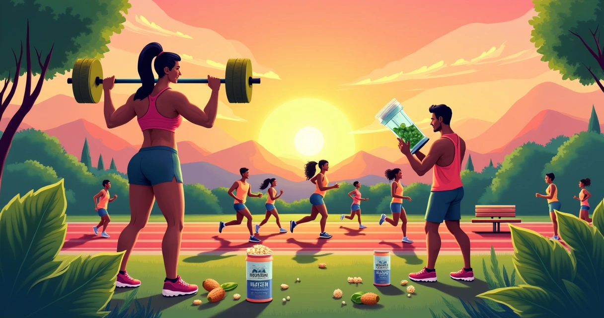 Grupo diverso de atletas em um treino ao ar livre ao pôr do sol, destacando suplementos veganos e atividade física.