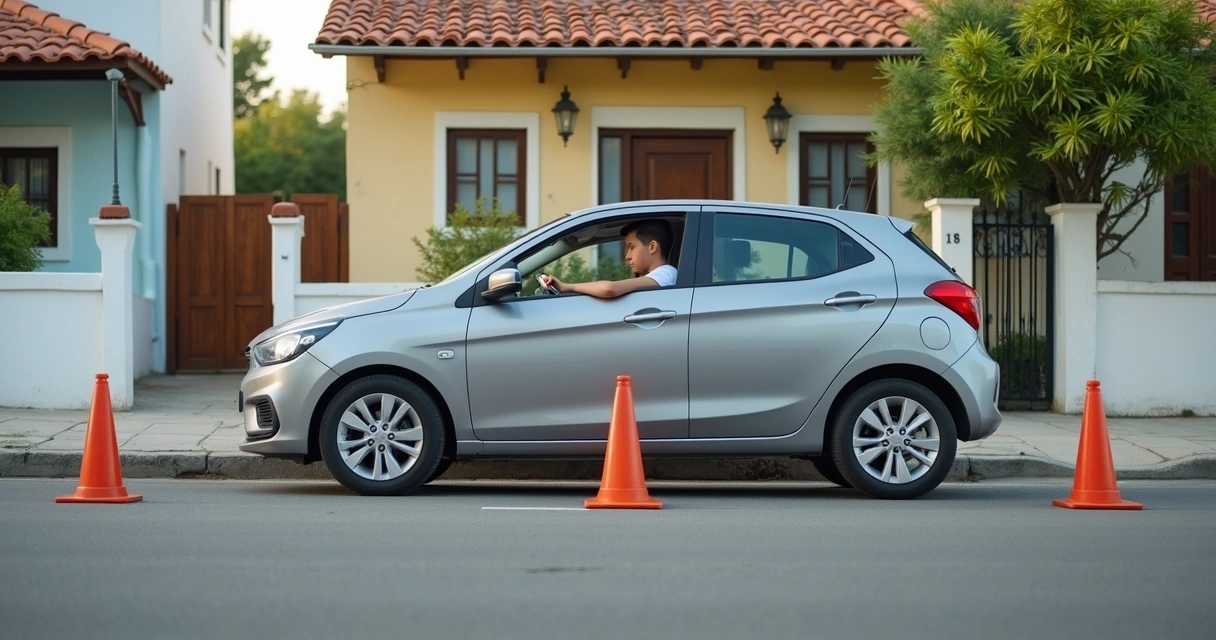 Pessoa treinando baliza com cones em rua residencial tranquila 